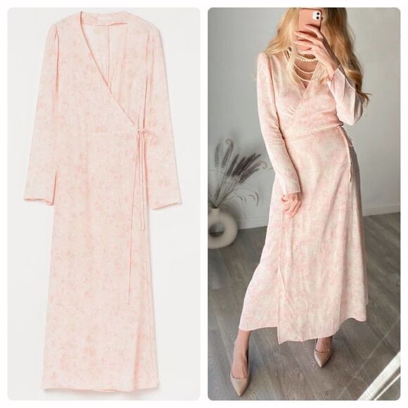 H&M Rayon Wrap Dress Light Pink New Midi Flowy - Picture 1 of 4